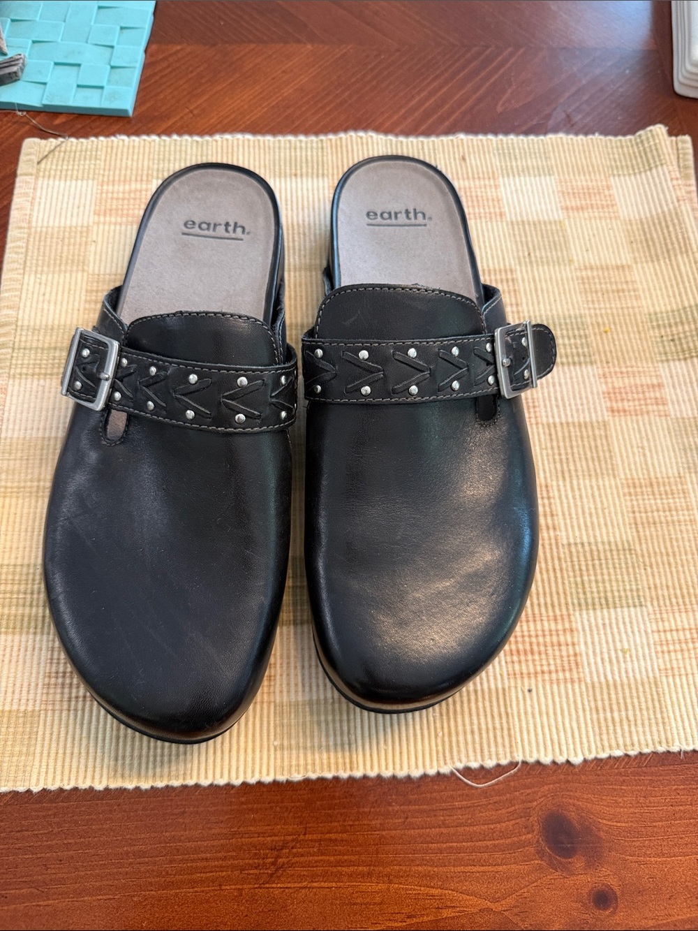 Earth Black Leather Studded Buckle Mules